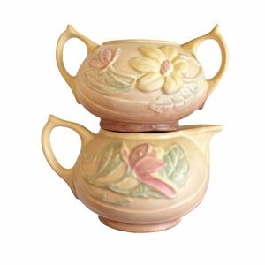 Vintage 1940s Hull Art Pottery Magnolia Matte Creamer & Sugar Bowl Set USA